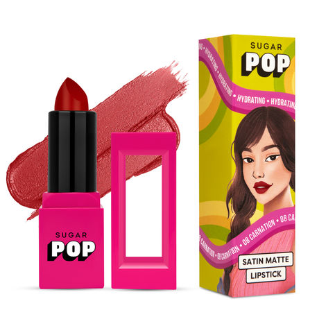 Buy SUGAR POP Satin Matte Lipstick - 08 Carnation (Red with hints of blue) - 3 gm - Infused with Vitamin E, Shea Butter & Jojoba Oil l Ultra Pigmented, Hydrating-Purplle