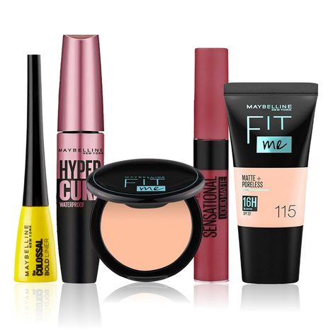 Buy Maybelline NewYork Party Diva Essentials 2 | Fit Me Compact 115(8 g) | Fit Me Liquid Foundation Tube 115(18 ml) | Hypercurl Mascara Waterproof Very Black (9.2 g) | Colossal Bold Eyeliner Black(3g) | Sensational Liquid Lipstick 24 Touch Of Spice-Purplle