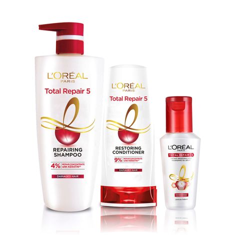 Buy L'Oreal Paris Total Repair 5 Combo (Total Repair Shampoo, 650 ml + Total Repair Conditioner, 185 ml + Total Repair Serum, 40ml)-Purplle