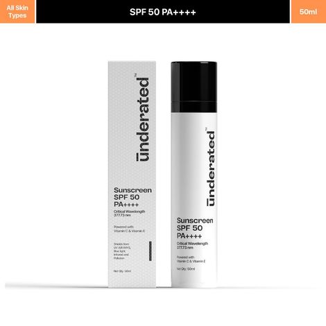 Buy Underated Sunscreen SPF 50 PA++++ Powered With Vitamin C & Vitamin E For Broad Spectrum UV A, UV B & Blue Light Protection | No White Cast, Silicone Free, Non-Greasy Formula, Non-Comedogenic | 50 gm-Purplle