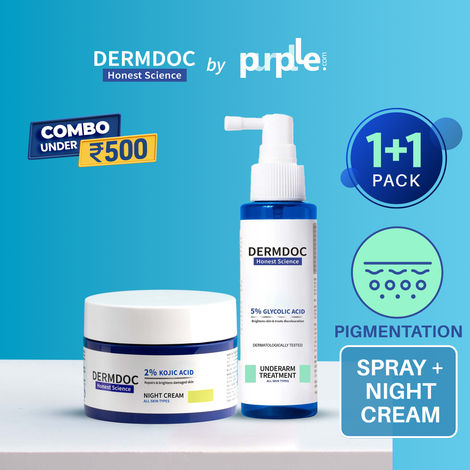 Buy DERMDOC Combo Kit to Brighten Up | kojic acid night cream | glycolic acid underarm spray | treatment for dark underarms, dark patches | hyperpigmentation | dark spots | skin brightening cream-Purplle