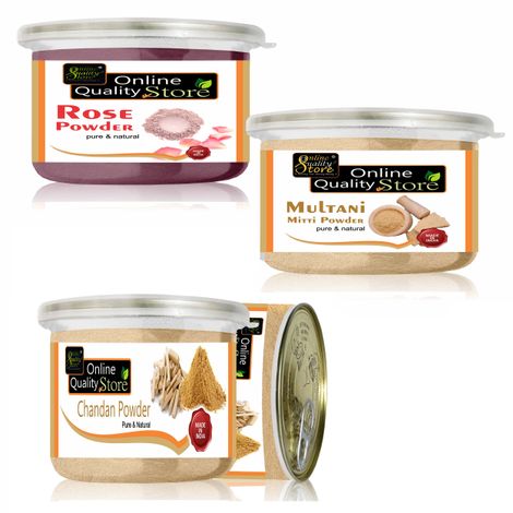 Buy Online Quality Store Chandan Powder Original + Rose Powder + Multani Mitti Powder - Combo Face Pack_ Total 100gm Each (Pack of) |Pure Neem Powder | No Chemicals {Jar_chan75_rose125_mul200}-Purplle