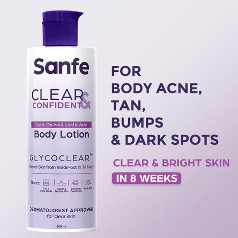 Buy Sanfe Clear & Confident Glycolic Acid Body Lotion | Daily AHA Lotion| Smooths Rough & Bumpy Skin - With Niacinamide, Lactic & Glycolic Acid | Smooth Skin from 1st Use | 200ml-Purplle
