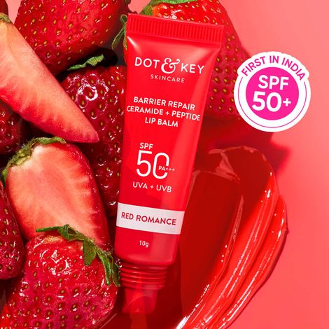 Buy Dot & Key Barrier Repair Ceramide & Peptide Lip Balm SPF 50, PA+++ | Red Romance Non Sticky Tinted Lip Balm for Smooth, Healthy & Plump Lips | 10g-Purplle
