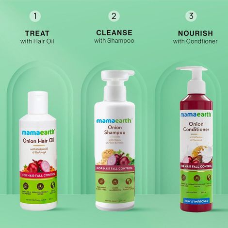 Buy Mamaearth Onion Hair Regrowth Trio: Onion Oil (150 ml) + Hair Fall Shampoo (250 ml) + Conditioner (250 ml)-Purplle