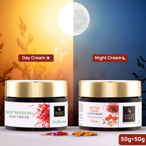 Buy Good Vibes Saffron Day Cream and Ubtan De-tan Night Cream Combo (Set of 2) - Good Vibes De-Tan Glow Night Cream Ubtan with Power of Serum (50 gm) + Good Vibes Saffron Nourishing Day Cream (50 gm)-Purplle
