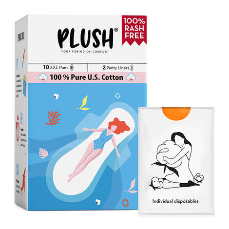 Buy Plush 100% Pure US Cotton Ultra-Thin Rash Free Natural Sanitary Pads - 10 XXL pads with disposable pouches and 2 Panty liners-Purplle