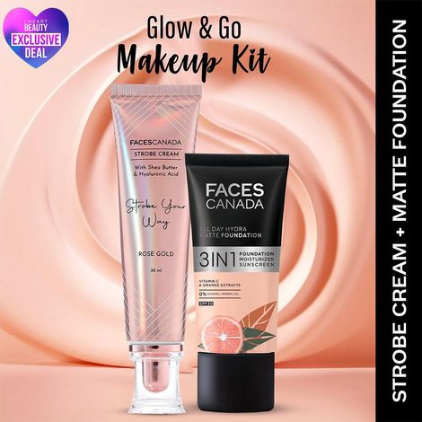 Buy Faces Canada Rose Glow Kit | Rose Gold Strobe Cream (30ml) + All Day Hydra Matte Foundation Rose Ivory (25ml) | Combo-Purplle