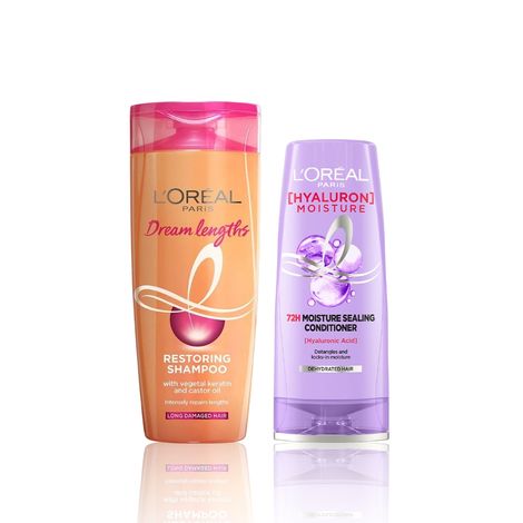 Buy L'Oreal Paris Ultimate Length and Moisture Hair Care Regime (Dream Lengths Restoring Shampoo (180 ml), Hyaluron Moisture 72H Moisture Conditioner (180ml))-Purplle