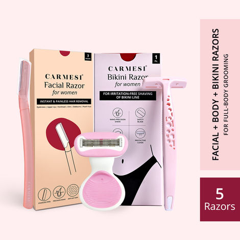 Buy Carmesi Facial Razor (Pack of 3), Body Razor Mini (Pack of 1) & Bikini Razor (Pack of 1)-Purplle
