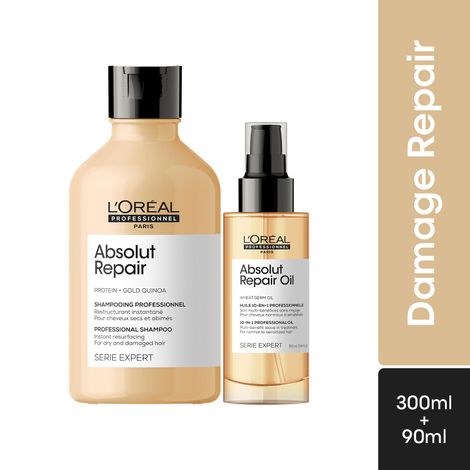 Buy L'Oreal Professionnel Serie Expert Absolut Repair Shampoo + L'Oreal Professionnel Absolut Repair Oil 10-in-1 90ml-Purplle