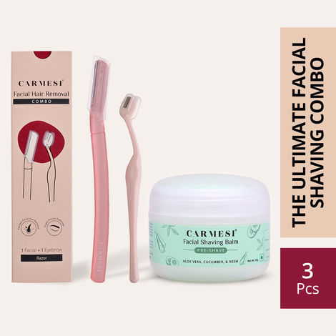 Buy Carmesi Women's Facial Hair Removal Combo | 1 Facial Razor, 1 Eyebrow Razor, 1 Facial Shaving Balm | Instant & Painless Hair Removal | For Eyebrows, Upper Lip, Forehead, Peach Fuzz, Chin and Sideburns - Combo of 2-Purplle
