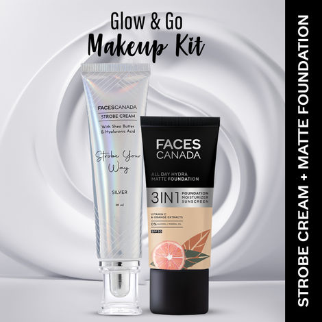 Buy Faces Canada Celeb Glow Kit | Silver Strobe Cream (30 ml) + All Day Hydra Matte Foundation Absolute Ivory (25 ml) | Combo-Purplle