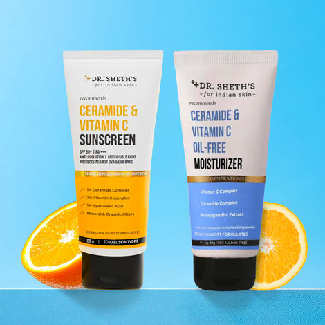 Buy Dr. Sheth’s Radiance Duo: Ceramide & Vitamin C Sunscreen + Oil-Free Moisturizer (50 gm each)-Purplle