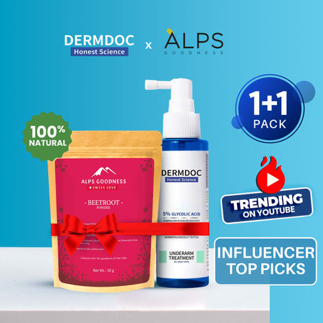 Buy DERMDOC x Alps Goodness Influencer Top Picks Combo Kit | Glycolic Acid Underarm Spray + Beetroot Powder | for dark underarms, underarm brightening | 100% Natural Powder | Hair & Face Mask | Face Pack for Brightening Skin-Purplle