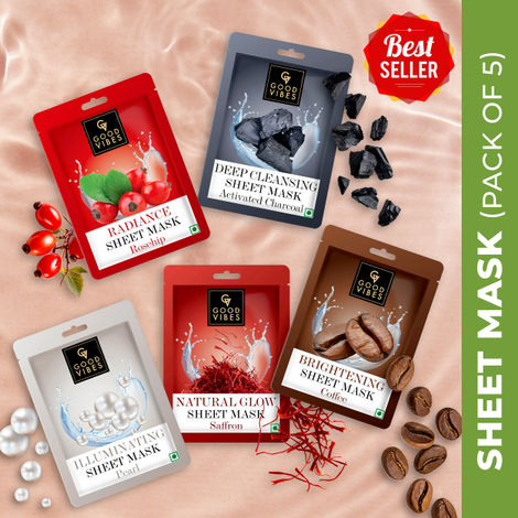 Buy Good Vibes Face Serum Sheet Mask (Pack of 5) (Rosehip Radiant, Saffron Glow, Illuminating Pearl, Brightening Coffee, Deep Cleansing Activated Charcoal)-Purplle