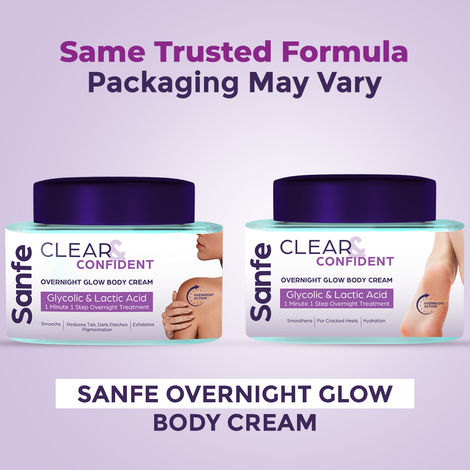 Buy Sanfe Clear & Confident Overnight Glow Body Cream | Exfoliates | Reduces Dark Patches & Pigmentation | Removes Body Tan with Lactic & Glycolic Acid | Smooth Skin |100g-Purplle