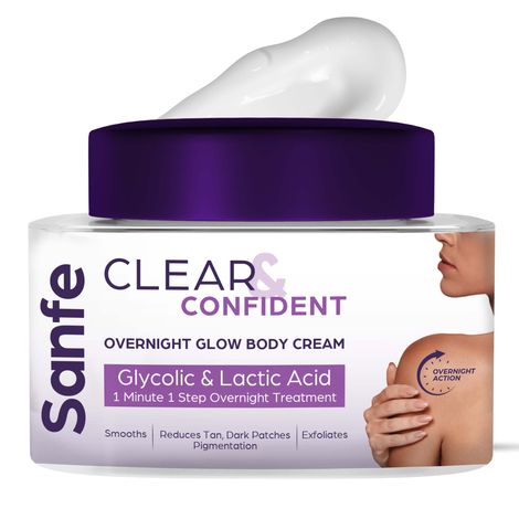 Buy Sanfe Clear & Confident Overnight Glow Body Cream | Exfoliates | Reduces Dark Patches & Pigmentation | Removes Body Tan with Lactic & Glycolic Acid | Smooth Skin |100g-Purplle