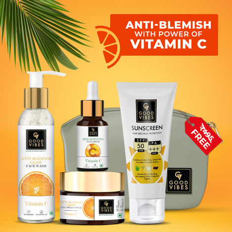 Buy Good Vibes Radiant Glow Vitamin C CSMS Combo (Set of 4) (Facewash + Serum + Moisturizer + Sunscreen)-Purplle