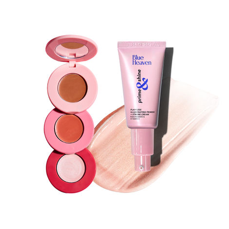 Buy Blue Heaven Get Set Glow Face Combo| 3in1 Contour+Blush+ Highlighter, Sunshine Light| Illuminating Primer + Strobe Cream, Silver Pink | Pack of 2-Purplle