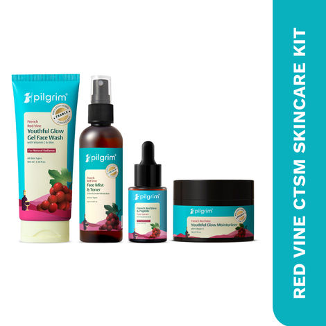 Buy Pilgrim Red Vine CTSM Skincare Kit, Combo of 4 – Cleanser, Toner, Serum & Moisturizer | Face Wash (100 ml) + Toner (100 ml) + Serum (30 ml) + Face Cream SPF 30 (50 gm) | For Men & Women-Purplle