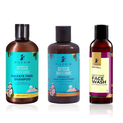 Buy Pilgrim Everyday Cleansing Kit 1 (Sulfate Free Shampoo (200 ml) + Sulfate Free Conditioner (200 ml) + Red Vine Face Wash (100ml))-Purplle