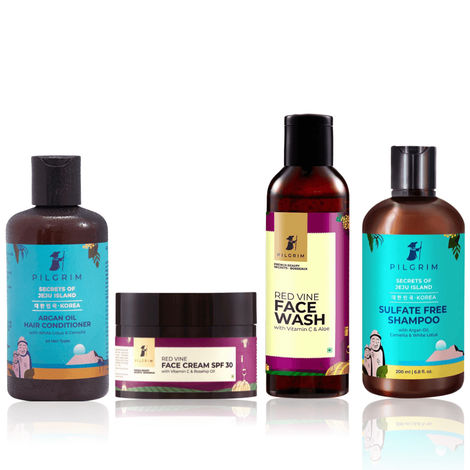 Buy Pilgrim Daily Essential Combo 1 (Sulfate Free Shampoo(200 ml) + Sulfate Free Conditioner (200 ml) + Red Vine Face Wash (100 ml) + Red Vine Face Cream SPF 30 (50 gm)-Purplle