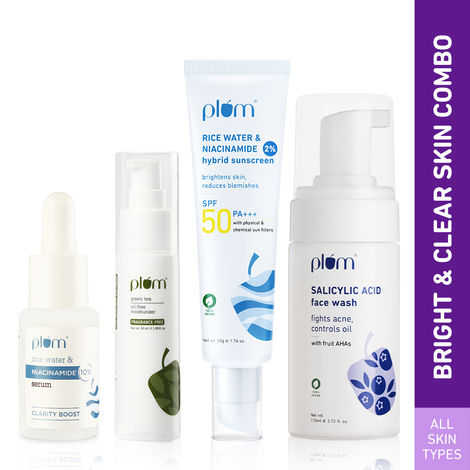 Buy Plum Bright & Clear Skin Bestsellers CSMS Combo (1% Salicylic Acid Face Wash(110ml)+10% Niacinamide Face Serum with Rice Water(15 ml)+Green Tea Oil-Free Moisturizer(50ml) + 2% Niacinamide & Rice Water Hybrid Face Sunscreen (50g))-Purplle