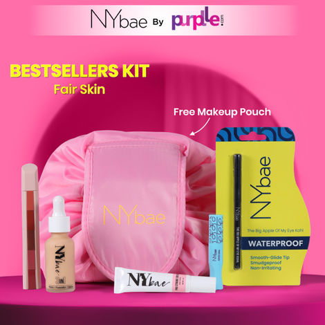 Buy NY Bae By Purplle Bestsellers Kit - Fair Skin | Strobe Pink Topaz | Warm Cashew Serum Foundation | Black Kajal | Mascara | Nude 5in1 Lipstick | Makeup Pouch | Glowy Korean Skin (70 gm)-Purplle