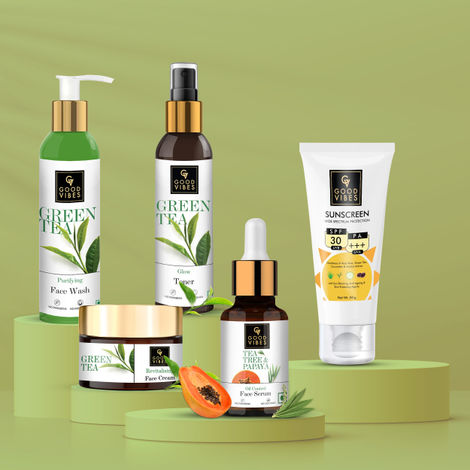 Buy Good Vibes Skincare Regime For Acne Prone (Green Tea Face Wash 120 ml, Green Tea Toner 120 ml, Tea Tree & Papaya Face Serum 10 ml, Tea Tree Nourishing Gel 50 g, Sunscreen with SPF 30 - 100 g)-Purplle
