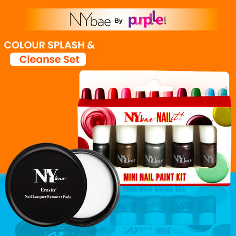 Buy NY Bae Colour Splash & Cleanse Set | Pack of 5 Nail Paint | Glossy | Chip-Free | Polish Remover Pads | Pack of 30 | Travel Kit | Makeup Kit | Combo-Purplle