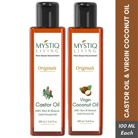 Buy Mystiq Living Extra Virgin Coconut Oil & Castor Oil Combo 200ML (Pack of 2) - 100 ML Each for Hair & Skin | Castor Oil for Hair Growth | Cold Pressed| Organic | 100% Pure Castor Oil for Skin, Moisturizing Dry skin, Nail, Eyelash-Purplle