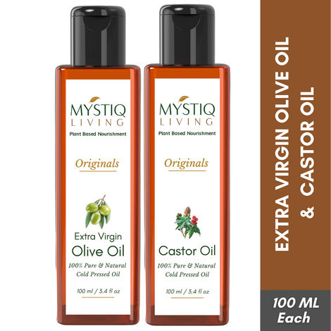 Buy Mystiq Living Extra Virgin Olive Oil and Castor Oil Combo - 100 ML each (200 ML) for Skin, Hair & Body, Castor Oil for Hair Growth, Olive Oil for Face | Baby Massage & Body Massage Cold Pressed, Organic, 100% Pure and Natural-Purplle