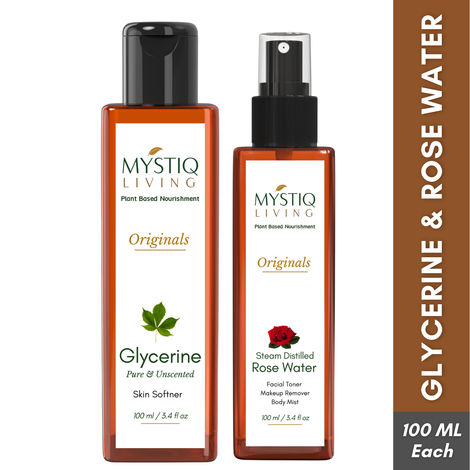 Buy Mystiq Living Glycerine and Rose Water Spray Combo (Pack of 2) - 100 ML Each, For Skin and Body Care, Gulab Jal, Rose Water Toner Spray, Gulabari, Skin Toner, Glycerine For Face, Pure Glycerine, Vegetable Glycerine, Liquid Glycerine-Purplle