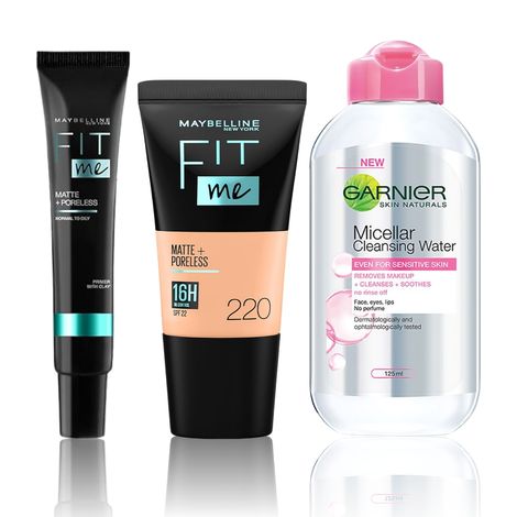 Buy Maybelline New York x Garnier Makeup essentials 3 (Maybelline New York Fit me Primer (30ml) + Maybelline New York Fit Me Liquid Foundation Tube, 220 Natural Beige, (18ml) + Garnier Skin Naturals Micellar Cleansing Water All in 1 (125 ml))-Purplle
