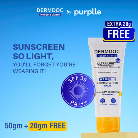 Buy DERMDOC Ultra Light SPF 30 PA+++ Daily Glow Sunscreen| SPF 30 | PA +++ | Lightweight | Quick Absorbing | Fragrance Free |-Purplle