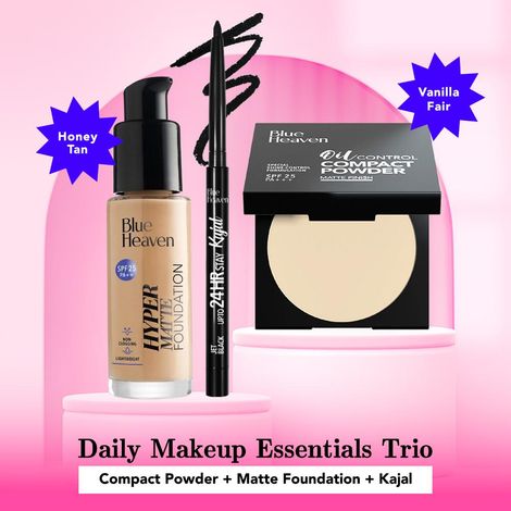 Buy Blue Heaven Daily Makeup Essentials Trio 3 (Compact Powder - Vanilla Fair, Hyper Matte Foundation - 302 Honey Tan, Stay Kajal - Jet Black) (8 g + 30 ml + 0.30 gm)-Purplle