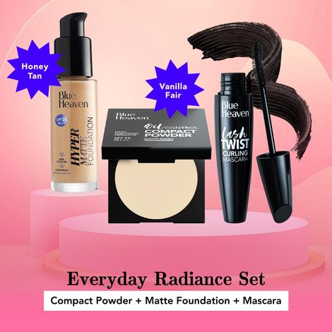 Buy Blue Heaven Everday Radiance Set 3 (Compact Powder - Vanilla Fair, Hyper Matte Foundation - 302 Honey Tan, Lash Twist Mascara - Black Pack) (8 g + 30 ml + 12 ml)-Purplle