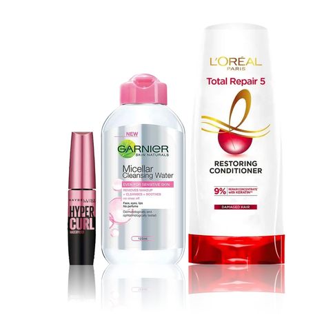 Buy Maybelline x Garnier x L'Oreal Paris bestseller combo (Maybelline hypercurl mascara, black (9.2 gm), Garnier Micellar water (125 ml), L'Oreal Paris Total Repair 5 Conditioner (180 ml)-Purplle