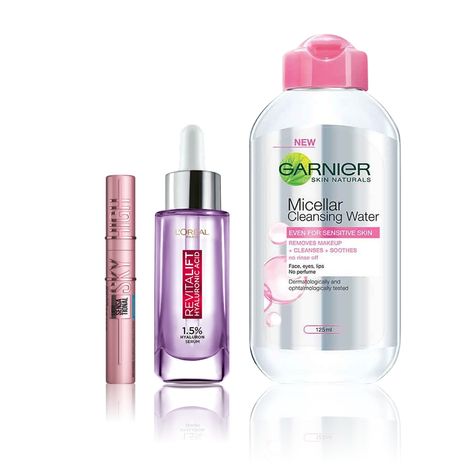 Buy Maybelline x Garnier x L'Oreal Paris Gen Z picks 2 (Maybelline Sky High Mascara - Very Black (6 ml), Garnier Micellar Water (125 ml), L'Oreal Paris Revitalift 1.5% Hyaluronic Acid Serum (30 ml))-Purplle