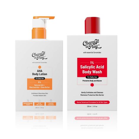 Buy Chemist at Play Body Wash & Moisturize Combo | 1 % salicylic acid Body Wash (236 ml) | AHA Body Lotion with Ceramides (236 ml)-Purplle