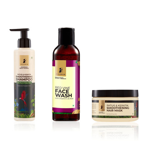 Buy Pilgrim Everyday Cleansing Kit 2 (Pilgrim Patua & Keratin Hair&nbsp;Smoothening&nbsp;Shampoo (200 ml) + Pilgrim Patua & Keratin Smoothening Hair Mask (200 ml) + Pilgrim Red Vine Face Wash (100ml))-Purplle