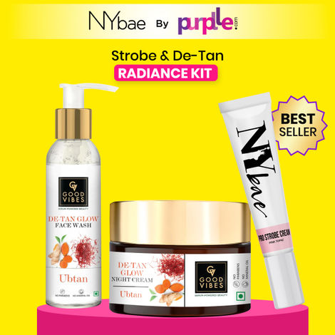 Buy Good Vibes x NY Bae Strobe & De-Tan Radiance Kit | Good Vibes Ubtan De Tan Glow Face Wash(150 gm)| De-Tan Glow Night Cream Ubtan (50 gm)| NY Bae PRO Strobe Cream Pink Topaz (12)| Glowing Skin | Korean Glow-Purplle