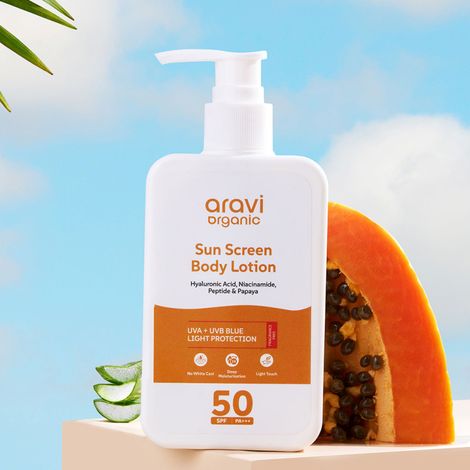 Buy Aravi Organic SPF 50 Sunscreen Body Lotion Light with No White Cast - With PA+++ UVA - UVB protection - Enriched With Niacinamide & Vitamin E - Hydration & Skin Repair - For All Skin Types - 200 ml-Purplle
