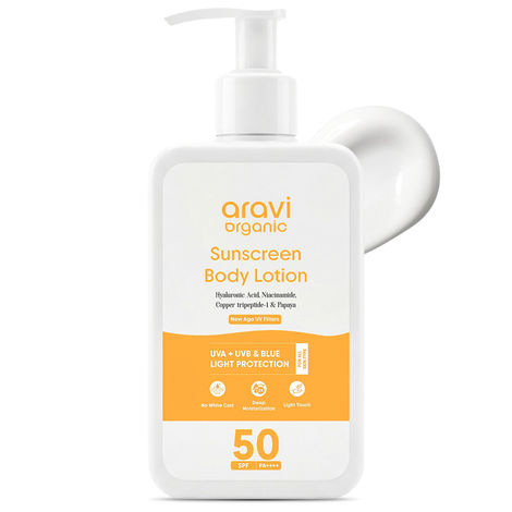Buy Aravi Organic Oil-Free SPF 50 Sunscreen Body Lotion | Lightweight, No White Cast | PA+++ UVA-UVB Protection | Enriched with Niacinamide & Vitamin E | Hydrating & Skin Repair | For All Skin Types – 200 ml-Purplle