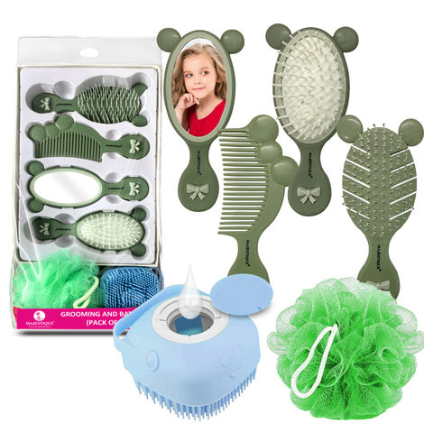 Buy Majestique Grooming and Bath Kit - 6 Piece Hair brush, Hair Comb, Face Mirror, Ball Loofah with Silicon Bathing Brush, Perfect for Grooming and Bathing - Multicolor - 6 Pcs-Purplle