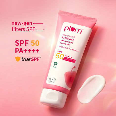 Buy Plum Squalane & Vitamin E Dewy-Bright Sunscreen SPF 50 PA+++ | No White Cast, Lightweight, Non-Sticky | With Safest, New Generation UV Filters | Protects & Nourishes All Skin Types | Sunscreen For Women & Men | 100% Vegan | 50 gm-Purplle