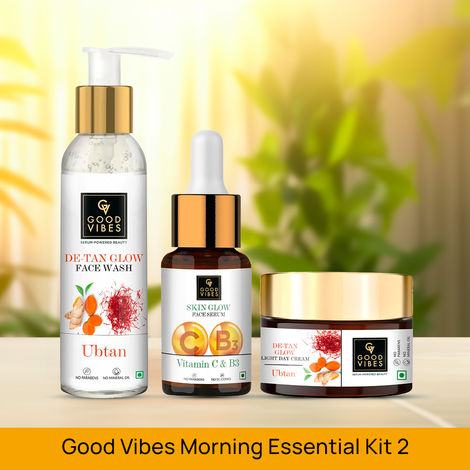 Buy Good Vibes Morning Essential Kit 2 - Ubtan De Tan Glow Face Wash (120 ml) + Vitamin C & B3 Skin Glow Face Serum (10 ml) + Ubtan De-tan Glow Light Day Cream (50 gm)-Purplle