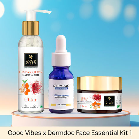 Buy Good Vibes x Dermdoc Face Essential Kit 1 - (Good Vibes De Tan Glow Face Wash (120 ml) + DERMDOC 10% Niacinamide Face Serum (15 ml) + Good Vibes Ubtan De-tan Glow Light Day Cream (50 gm))-Purplle