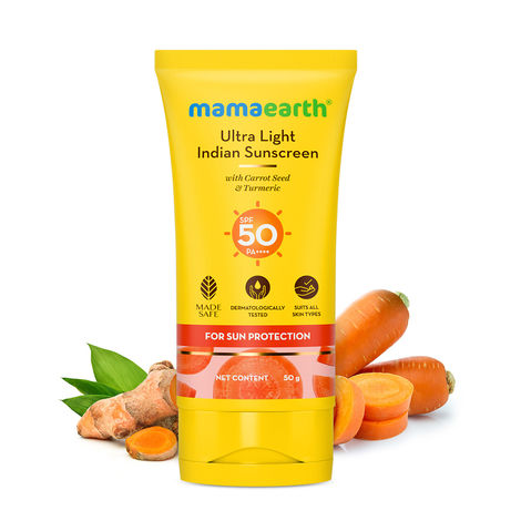 Buy Mamaearth Ultra Light Indian Sunscreen with Carrot Seed Turmeric and SPF 50 PA+++ for Sun , Tan Protection - 50 gm-Purplle